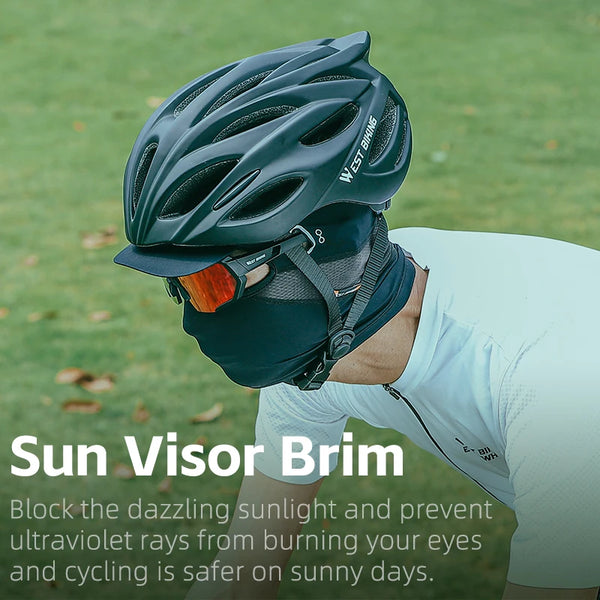 Person wearing a black helmet and sun visor brim to block sunlight during outdoor cycling adventure.