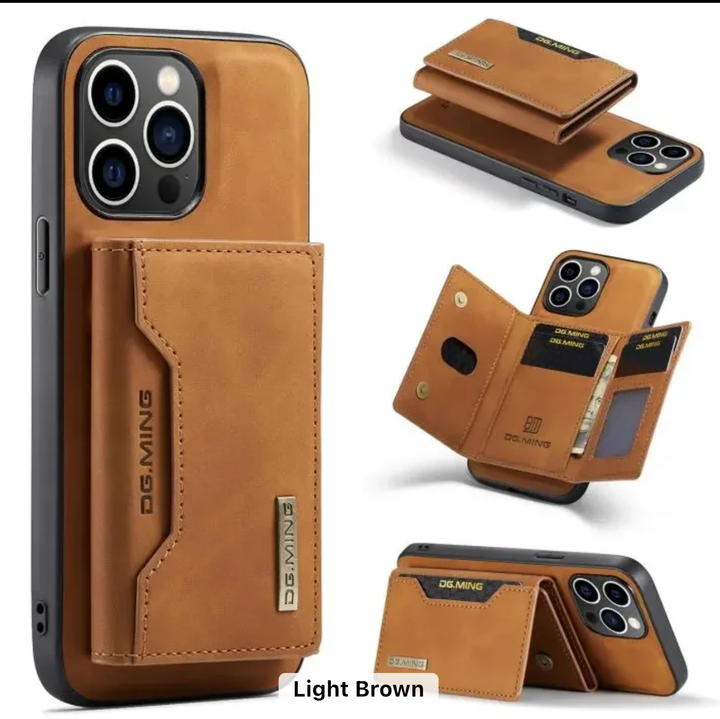 DG.MING luxury leather wallet Brown case for iPhone – premium vintage design with a card slot and magnetic closure
