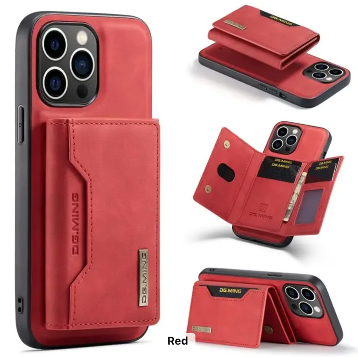 DG.MING luxury leather wallet Red case for iPhone – premium vintage design with a card slot and magnetic closure
