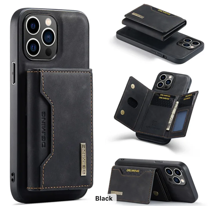 DG.MING luxury leather wallet Black case for iPhone – premium vintage design with a card slot and magnetic closure
