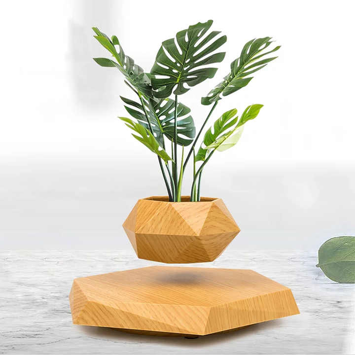 levitating plant pot, floating magnetic base, modern home décor and wood pot